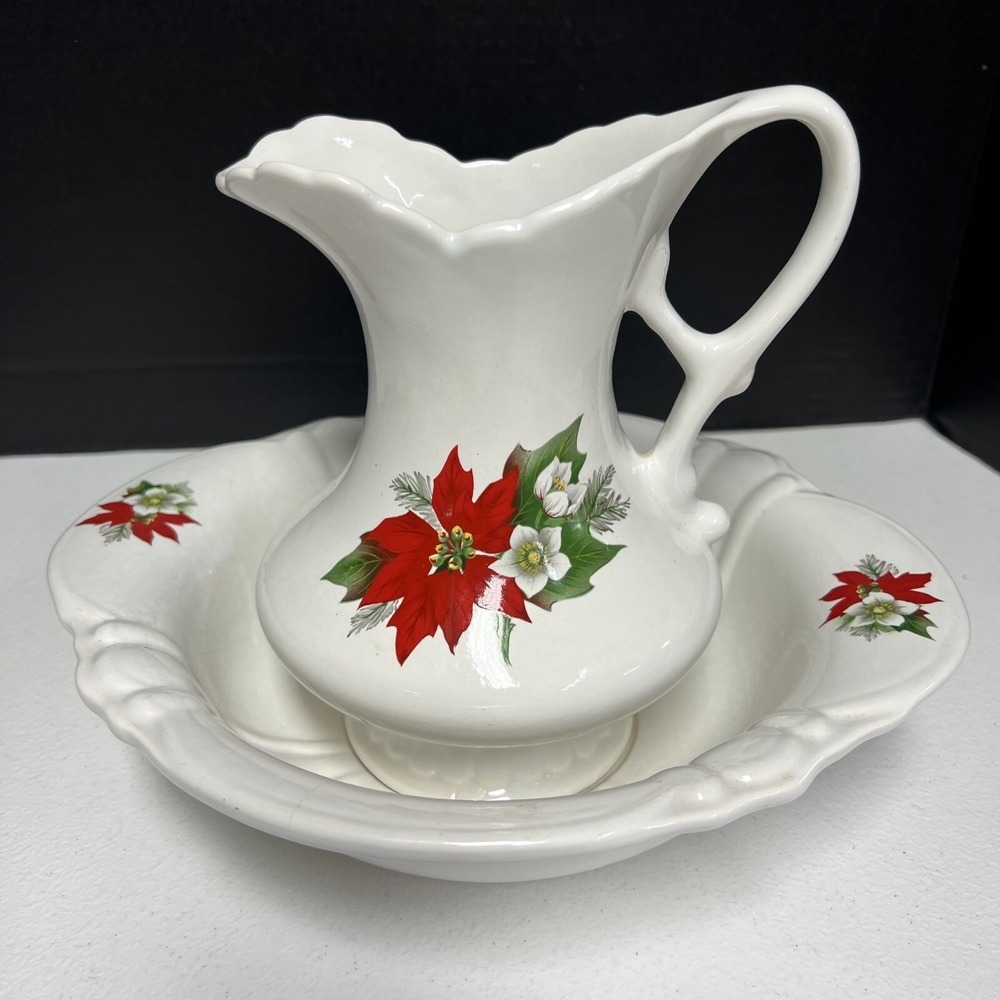 Vintage Treasure Craft Ceramic Water Pitcher & Wash Bowl Basin USA Poinsettia